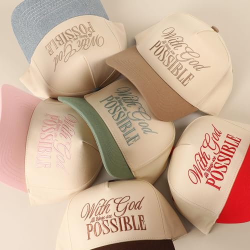 MIRMARU Christian Theme 5 Panel Embroidered Cotton Trucker Hat with Inspirational Faith Sayings for Men and Women - color: With God All Possible, Sage