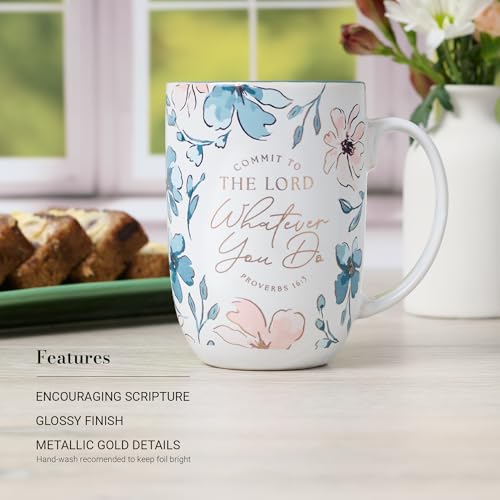 Christian Art Gifts Large Ceramic Coffee & Tea Scripture Mug for Women - color: Teal & Pink Floral/Commit to the Lord