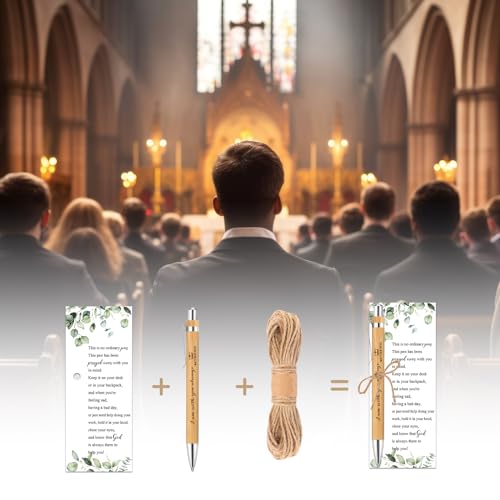 Tenceur 50 Sets Christian Gifts Bulk Church Members Bulk Bible Verse Bamboo Pens and Inspirational Bookmarks Religious Gifts Sets for Vbs Sunday School Party Women Men