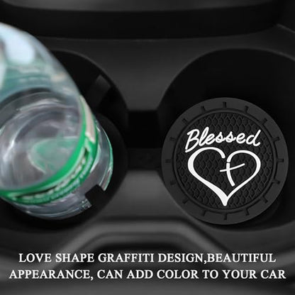 KVAEY 2 PCS Car Cup Holder Coasters, 2.76 Inch Anti Slip Vehicle Drink Mats with Cute Blessed Cross and Heart, Shockproof, Universal Car Accessories (Black, 2 PCS) - color: Black, size: 2 PCS