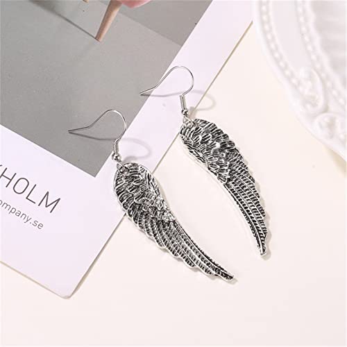 MALOYANVE Angel Wing Earrings for Women Unique Antique Silver Plated Fairy Feather Guardian Dangle Drop Hook Earrings Jewelry