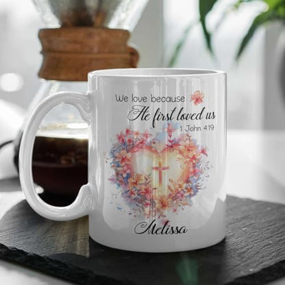 Floral Heart And Cross Design Accent Mug, Customized Name Christian Bible Verse Cup, Gift For Christian Men Women, Personalized Religious Coffee Mug 11oz 15oz, Custom Bible Verse Ceramic Cup - color: HOA-624-2166-WE LOVE MUG
