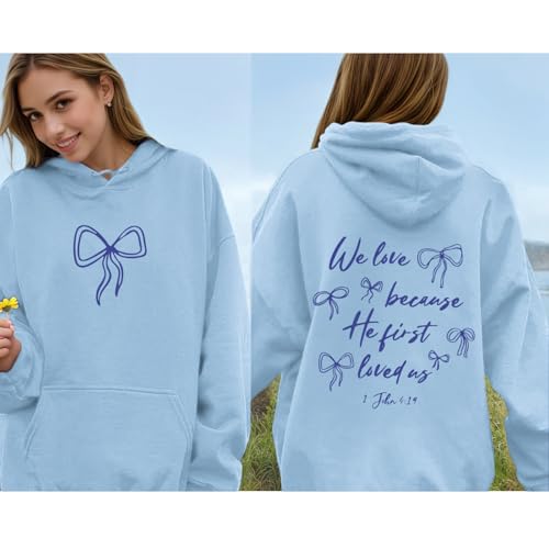 Christian Bow Hoodies for Women Cute Bow Print Sweatshirt Bible Verse Graphic Hoodie Religious Pullover Sweatshirts - color: Blue, size: Medium