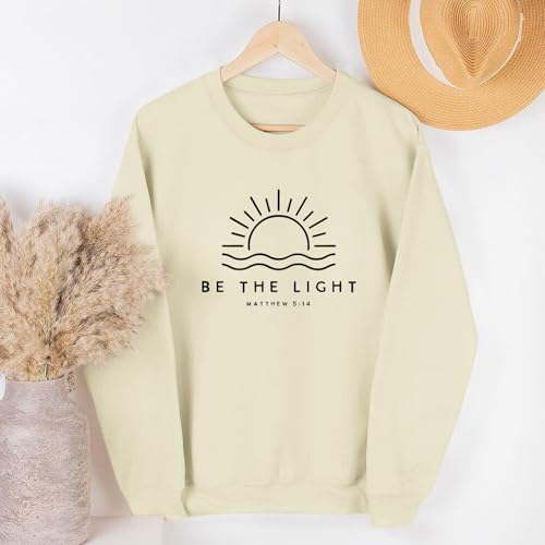 Sulayesh Christian Be The Light Sweatshirts for Women Religious Faith Jesus Bible Verse Graphic Shirts Loose Pullover Tops - color: Apricot, size: Large