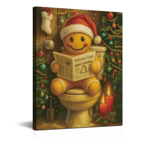 Funny Christmas Decorations - Biscuit Man Bathroom Wall Art Picture Painting Artwork - Red Indoor Holiday Christmas Decor for Wall Table Mantel Home Farmhouse 8"x10" Framed - color: color-o