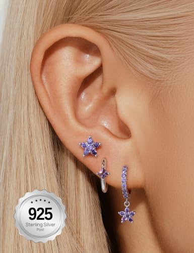 Angelady Gold Hoop Earrings Set for Women, Dainty 14K Gold Plated Flower Moon Cross Dangle Earrings, Hypoallergenic Huggie Hoop Earring Stacks, Stud Earrings for Women Trendy Jewelry Gift - color: Silver Purple CZ