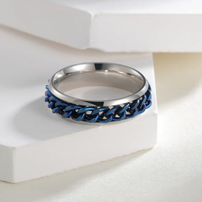 Mens Fidget Rings Anxiety Ring for Men 6mm 8mm Chain Spinner Ring Size 5-14 - color: Titanium Silver Blue