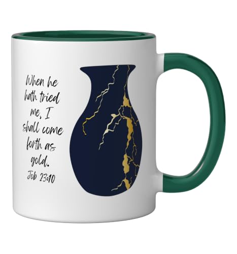 Bible Verse Jesus Christ Kintsugi Vase Gold Job Christian Ceramic Mug, Dark Green/White, 11oz - color: Dark Green/White, size: 11 Ounces