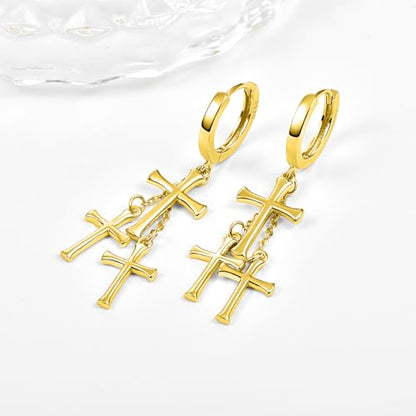 Cross Earrings 925 Sterling Silver Cross Dangle Earrings Christianity Jewelry Gift for Men Women - style: 3 Cross-Gold