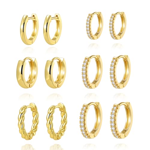 18K Gold Plated Hoop Earrings for Women, NICKEL-FREE & HYPOALLERGENIC, Timeless Jewelry Gift - color: Gold-6pcsD