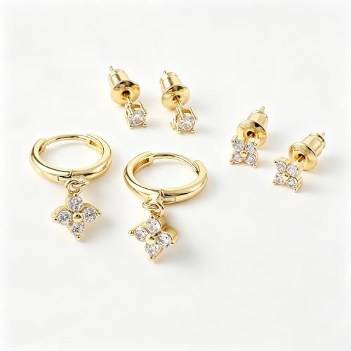 SHERLOVE Gold Earring Stacks Women 3Pairs Dangle Stud Huggie Hoop Set - color: 3 Pairs-Clover 01 Stud Gold