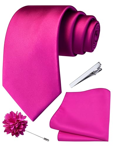 Branduce 3.15"（8cm） Mens Tie and Lapel Pin Solid Necktie Handkerchief Tie Clip Set for Men - color: Hot Pink