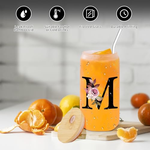 Monogrammed Glass Drinking Cup With Lid Straw Women Wife Ideal from Husband Happy Gifts Birthday Wedding Romantic Best Cool Personalized Unique Special Cute Custom Christmas Xmas Valentines Present,M - style: Letter M