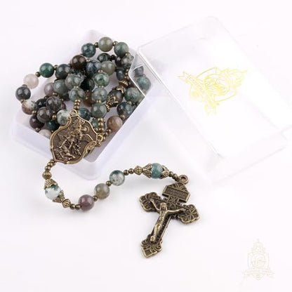 Catholic Town 8mm India Agate Natural Stone Beads, Large Rosary with Caps Saint Michael the Archangel Medal and Pardon Crucifix (CTROSSMA-IA)