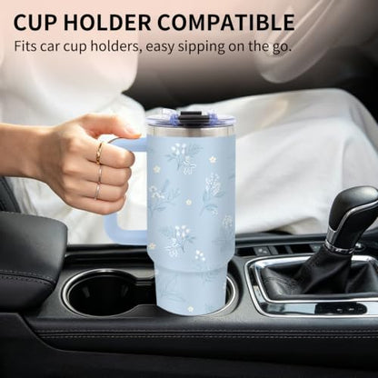 40 oz Blue Flower Tumbler with Handle and Straw, Floral Gifts for Women - color: Floral3