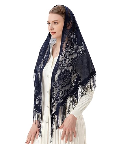PAMOR Triangle Catholic Church Veil Chapel Veil Scarf Mantilla Veils Wrap Shawl Mass Head Covering with Fringe Trim - color: Navy Blue