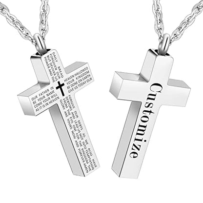 Cremation Cross Necklace for Ashes Stainless Steel Cross Urn Pendant Ashes Holder Memorial Jewelry-With Me Always - style: Lord's Prayer-Silver engraving