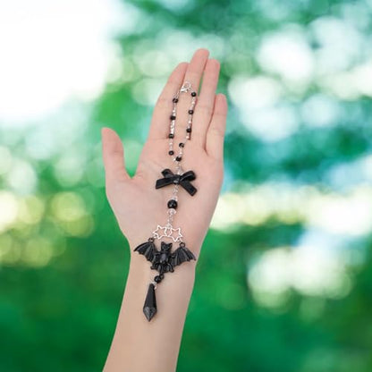 Black Crystal Car Rearview Mirror Charm - Y2K Gothic Bat Pendant Beaded Hanging Charms, Dark Fantasy Witch Halloween Cars Decor, Interior Ornament Gift for Women Men Driver - style: Bat