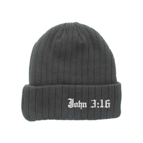 Bible Verse Beanie - John 3:16 Embroidered Christian Knit ha t- Warm Winter Faith Cap for Men & Women - color: Grey