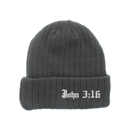 Bible Verse Beanie - John 3:16 Embroidered Christian Knit ha t- Warm Winter Faith Cap for Men & Women - color: Grey