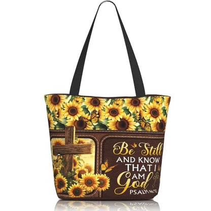 Bible Tote Bags for Women Christian Tote Bag Church Shoulder Bag Inspirational Bags With Zipper Christian Gift - color: Be Still and Know That I Am God 4