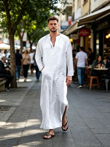 Jacansi Men's 65% Cotton 35% Linen Kaftan Thobe, Long Sleeve Casual Arabic Robe, Loose Long Gown with Pockets - color: White #1, size: XX-Large