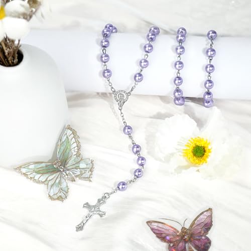 Purple Pearl-Style Rosary Necklace with Metal Gift Box, 8mm, 22 Inch - color: Purple