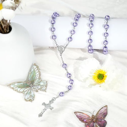 Purple Pearl-Style Rosary Necklace with Metal Gift Box, 8mm, 22 Inch - color: Purple