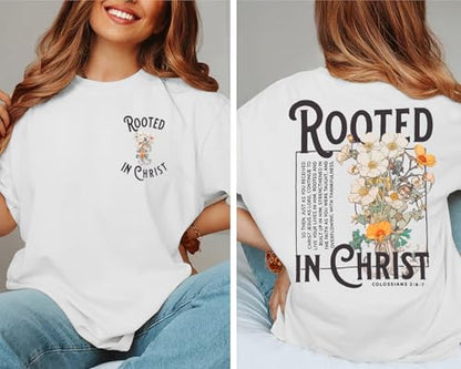Rooted in Christ Shirt Christian Shirts for Women Jesus Oversized Tshirt - color: White, size: Medium