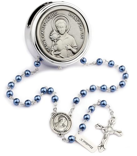 HanlinCC Saint Carlo Acutis Catholic Rosary Necklace with Gift Box - color: Blue