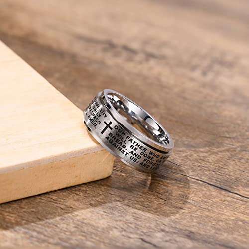 Cross Fidget Anxiety Worry Spinner Rings Stainless Steel I Can Do Bible Prayer Amen High Polished Bands Silver, Size 6 - color: our father,silver