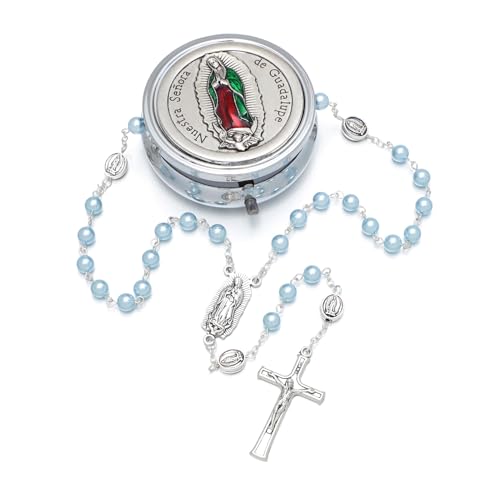 KOMI 6mm Glass Pearl Rosary Beads Catholic for Women with Metal Rosary Box Religious Gifts - style: Guadalupe-blue