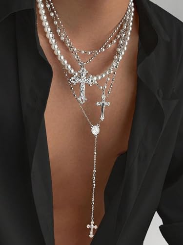 Layered Cross Necklace Set for Women – Vintage Gold Pearl Choker, Multi-Strand Chain with Religious Pendant, Trendy Baroque Statement Jewelry, Adjustable Fashion Gift - color: 4 Layer Pearl Silver Cross