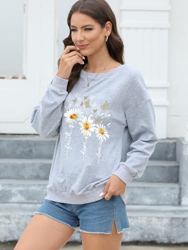 Women’s Christian Sweatshirts,Faith Hope Love Daisy Print Crewneck Long Sleeve Casual Loose Fit Sweatshirt - color: # Light Grey, size: Small