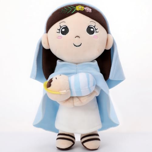 Mary Kids' Plush Toy Pillow – Exquisite Virgin Mary Baby Jesus Doll Perfect for First Communion 12 Inch - style: Blue Mary