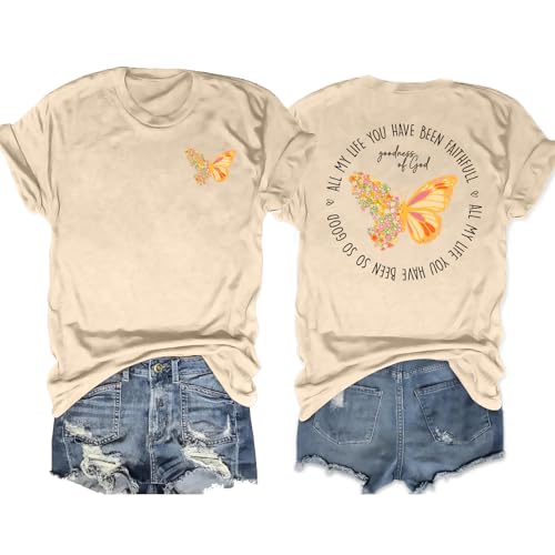 Christian Shirt for Women :Butterfly Graphic Shirts Bible Verse Tshirt Good Ness of God Tee Tops - color: Beige, size: Medium