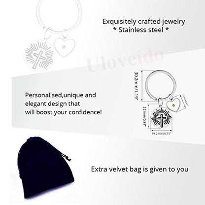Uloveido Stainless Steel Faith Cross Keychain & Jesus Loves Me Christian Keyring Mustard Seed Charms Religious Jewelry - style: Sun Ray-heart