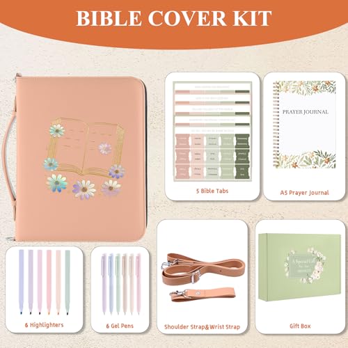 AKONEGE Pink Bible Cover with Handle & Shoulder Strap for Women Girls - color: Pink