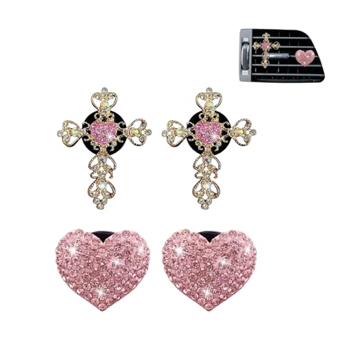 4Pcs Cute Car Vent Clips for Women Pink Bling Air Fresheners with Cross and Heart Y2K Luxury Car Accessories Couture Style Decorations Girly Clip Decor Freshener for Girls