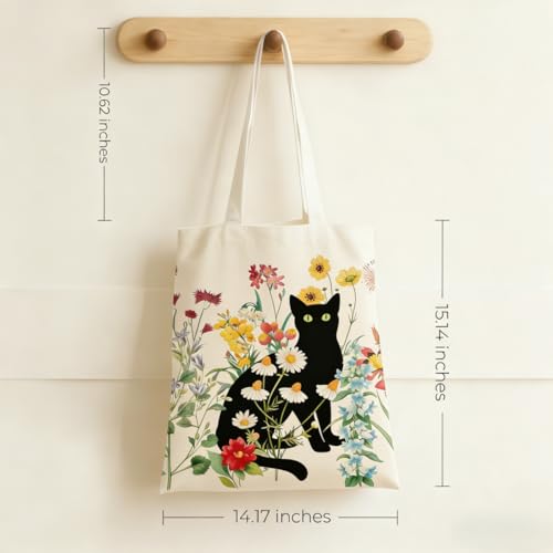 Canvas Tote Bags Reusable Shopping Bag for Women with Zippered Inner Pocket Magnetic Snap Closure - color: Black Cat 4