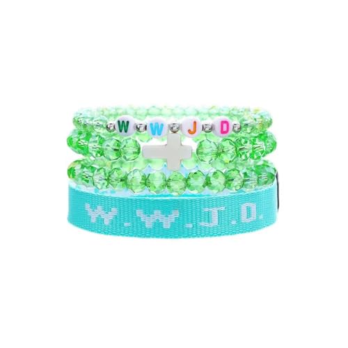 WWJD Bracelets Set WWJD Wristbands Christian Cross Bracelet Stackable Clay Bead Bracelets Stretch Glass Beaded Inspirational Christian Jewelry Gift for Couples Women Men - color: 4 Pcs Green