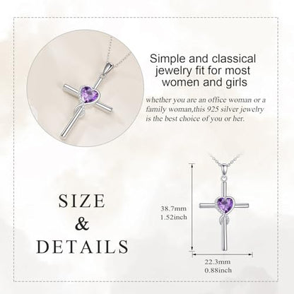 S925 Sterling Silver Cross Necklace for Women Birthstone Necklace Heart Infinity Cross Pendant Necklace Christmas Valentines Day Gifts Birthday Holiday Gifts for Her, 18"+2" Inches - color: 02-Feb Birthstone - Amethyst