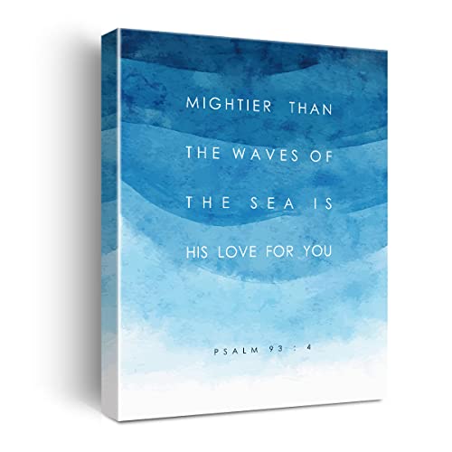 Bible Verse Canvas Print Decor Mightier Than the Waves Psalm 93:4 Wall Painting Posters Blue Artwork 12”X15”Home Office Decoration (Framed) - color: Sea's love