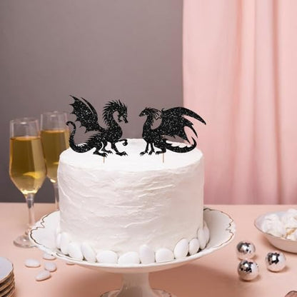 Dragon Wedding Cake Topper, Mr & Mrs Cake Decor, Black Glitter Dragons Couple Silhouette Cake Topper for Storybook Wedding Party Decoration - style: Dragon