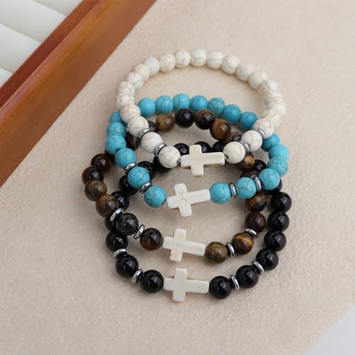 Cross Birthstone Gemstone Beaded Stretch Protection Bracelet for Man Woman, Handmade Healing Stone Chakra Beads Elastic Bracelets Accessories Fashion Jewelry Gift. - color: White Cross Stone