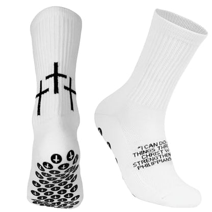 Meudid Grip Soccer Socks with 3 Crosses - Anti-Slip Christian Sock with Bible Verse for US 6-13