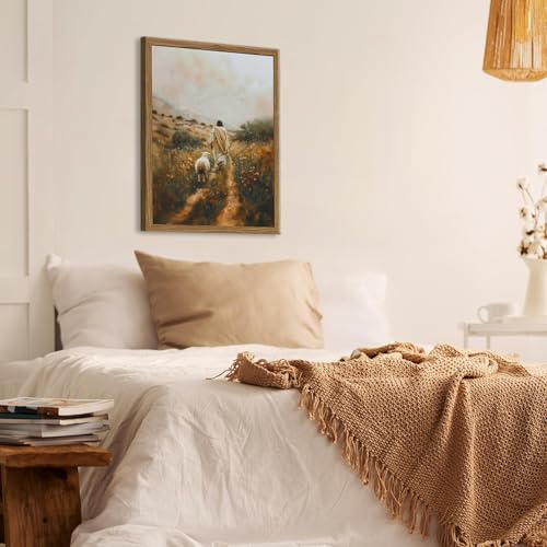 Jesus Leaves the 99 Sheep Canvas Wall Art Christian Wall Decor Picture Jesus and Lamb Painting The Lost Sheep Posters Prints for Living Room Bedroom Church Prayer Home Decor 24x36Inch Wood Framed - color: Dark, size: 36"L x 24"W
