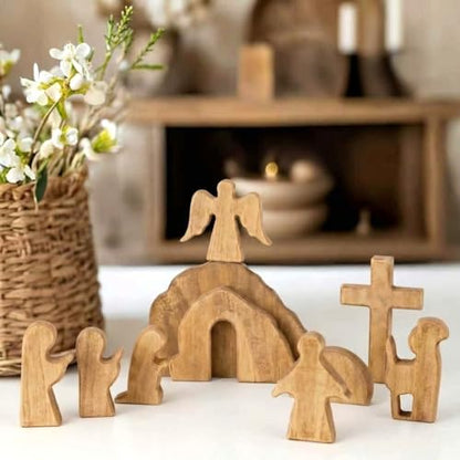 10 Pcs Easter Resurrection Scene Set Wooden Empty Tomb Easter Decorations Christian Nativity Scene Decor Cross Jesus Tomb Tray Set for Religious Home Office Tabletop Christian Gifts
