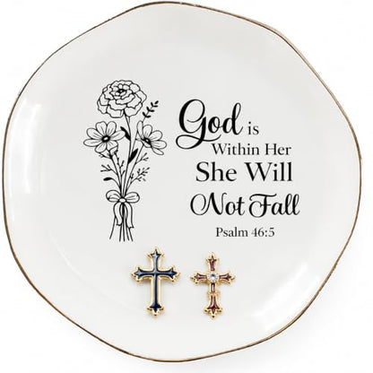 God Is Within Her Jewelry Dish Jewelry Tray, Inspirational Christian Ring Dish, Ceramic Trinket Tray for Women, Bible Verse Jewelry Holder for Rings Earrings Necklace, Christian Gifts for Women - color: God is within her, she will not fall.