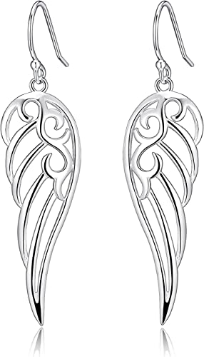 Sterling Silver Plated Dangle Earrings for Women, Oxidized Filigree Boho Vintage Jewelry, Lightweight Drop Earrings, Floral Peacock Angel Wing Leaf Designs, Gift for Women - color: Angel Wings